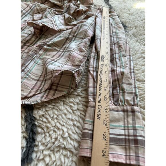 Lauren ralph lauren plaid ruffle front button down shirt peach cream S Petite - Picture 6 of 11